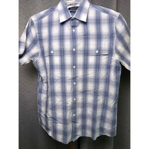 AXIST Men's Medium Slim Fit Blue White Plaid Short Sleeve Button Up Shirt Casual